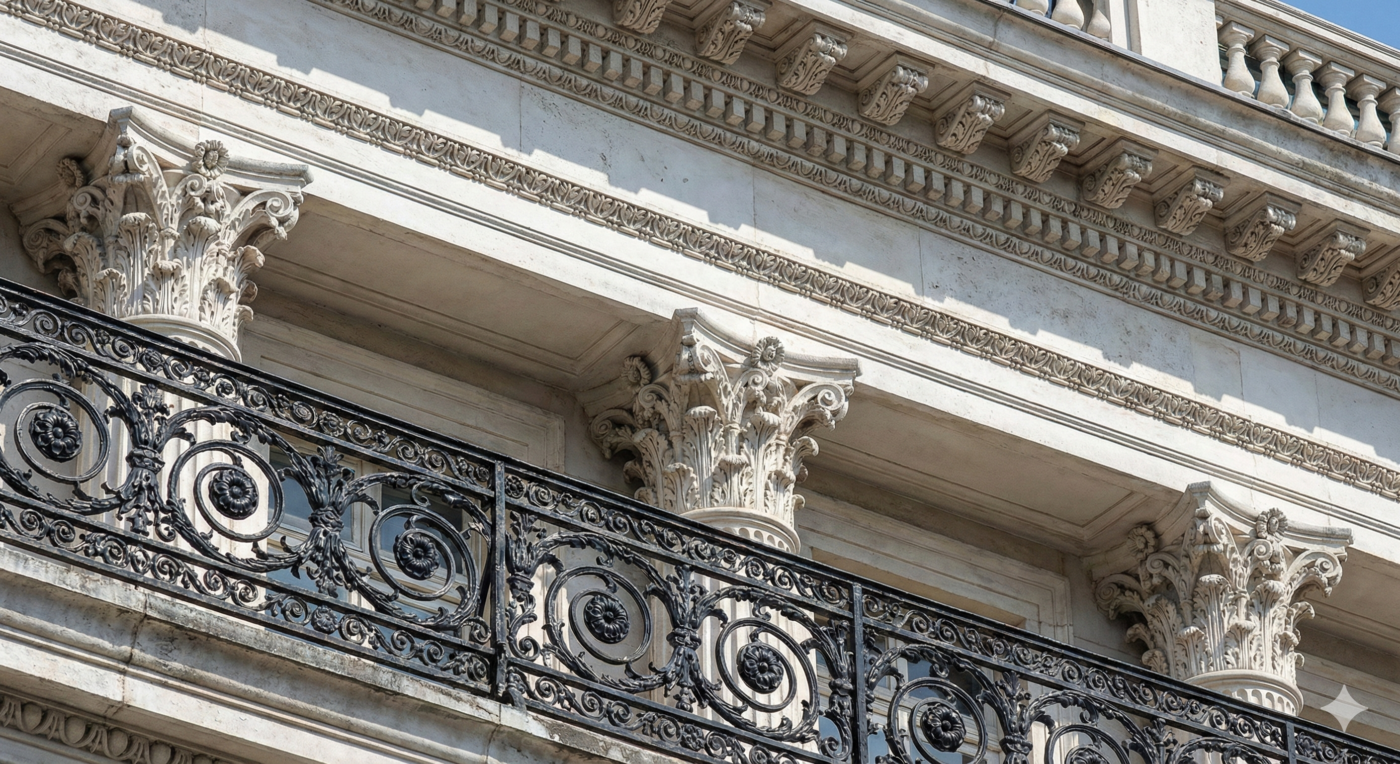 Chi tiết phào chỉ và hoa văn tinh xảo trong kiến trúc biệt thự Pháp