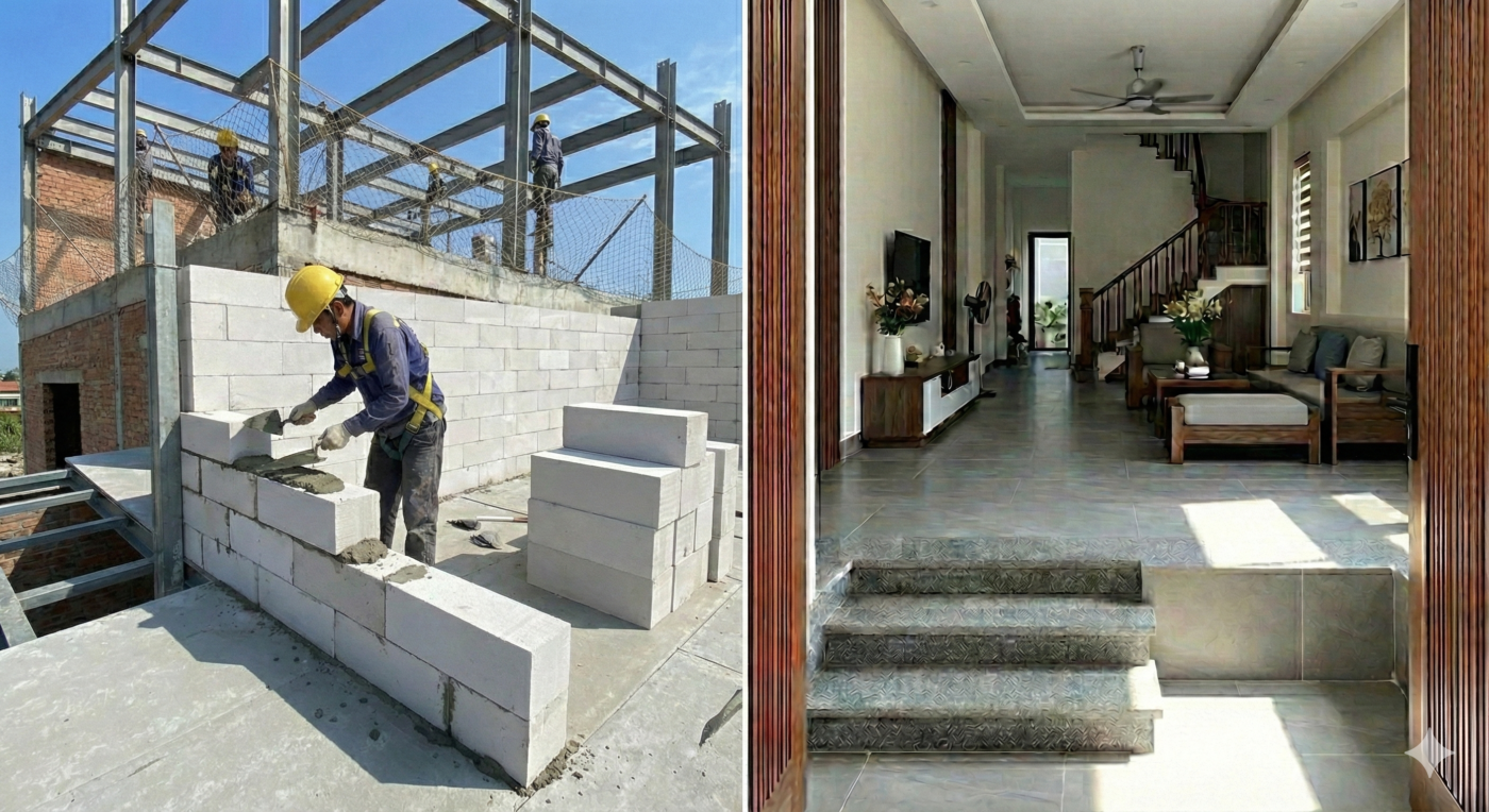 Xây tường bằng gạch bê tông khí chưng áp AAC siêu nhẹ chống nóng