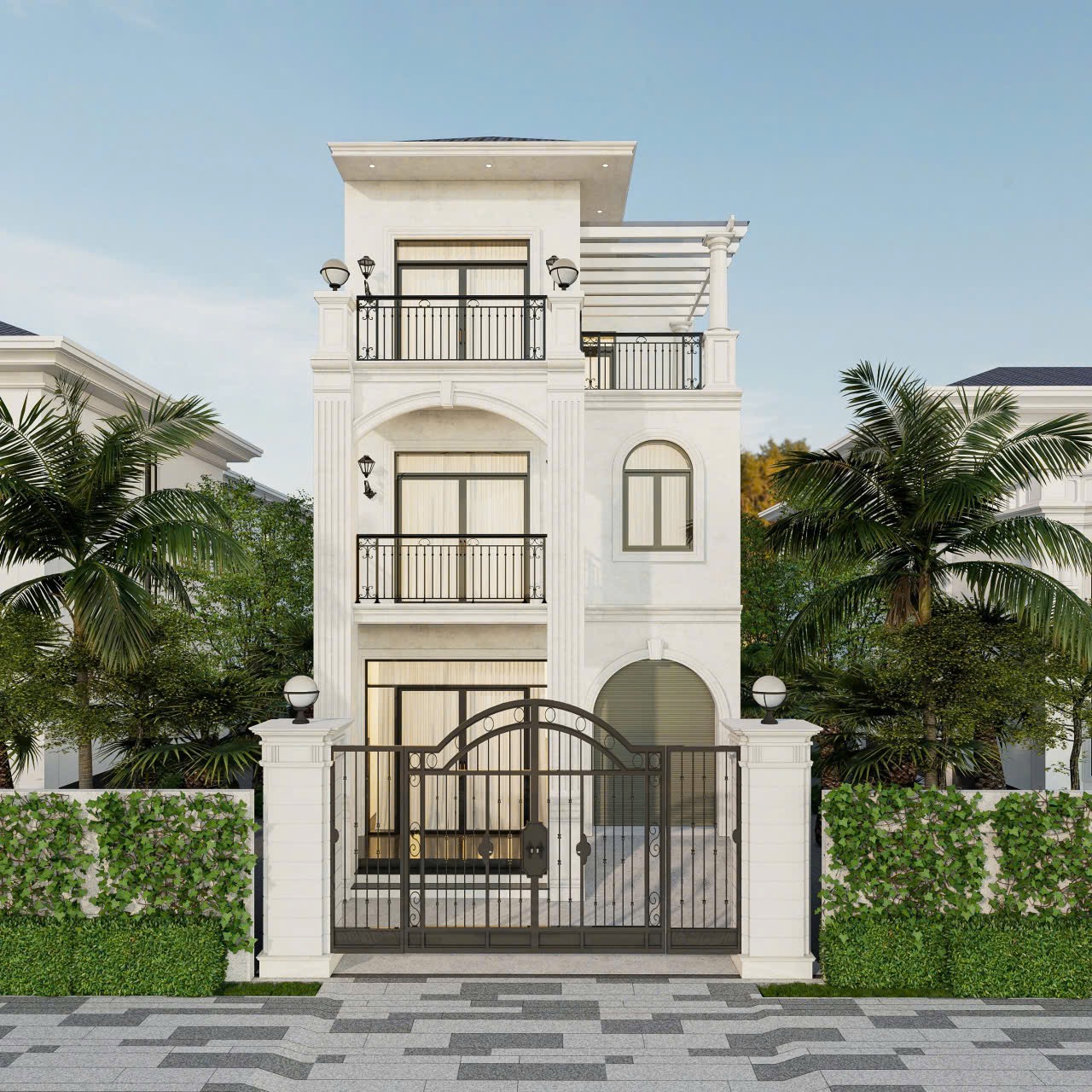 Ngôi nhà ba tầng kết hợp phong cách vintage và tân cổ điển với mặt tiền sáng, kiến trúc cổ điển nhẹ nhàng, cổng sắt vững chắc và hàng rào xanh mát.