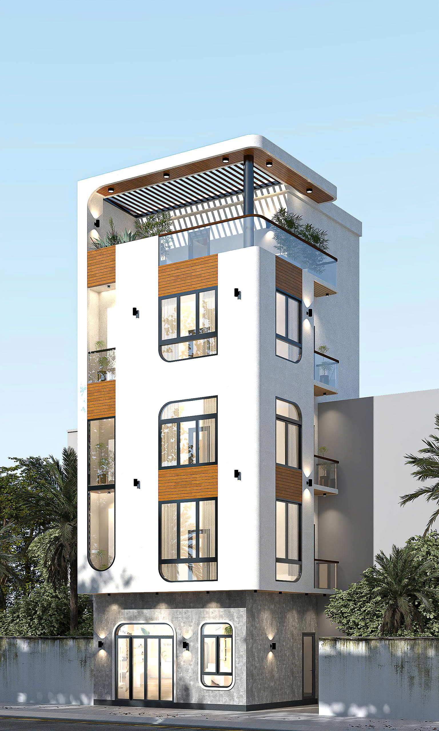 Hình ảnh ngôi nhà phố 4 tầng 1 tum phong cách hiện đại với cửa sổ lớn, kết hợp vật liệu kính, gỗ và bê tông, có cây xanh trên tum, tông màu trắng phối gỗ và kính xám, bố trí ánh sáng ngoài trời tinh tế.