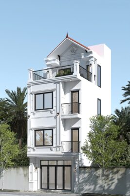 Bức ảnh thể hiện một ngôi nhà phố 4 tầng phong cách tân cổ điển, màu trắng, với mái ngói Nhật, cửa sổ lớn, lan can sắt uốn tinh tế, kết hợp giữa hiện đại và cổ kính.
