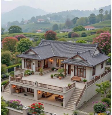 Hình ảnh một biệt thự rộng lớn với phong cách kiến trúc cổ điển, mái ngói uốn cong, được bao quanh bởi khu vườn cây cối và sân lớn với chậu cây cảnh, tạo nên không gian sống sang trọng, tinh tế.